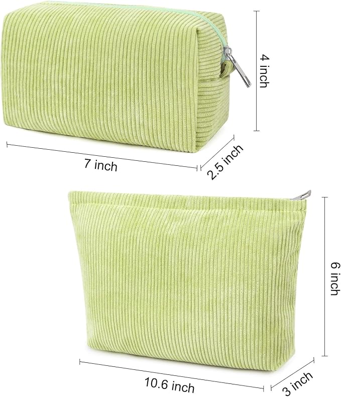 SOIDRAM 2 Pcs Corduroy Makeup Bag Large Cosmetic Bag Toiletry Bag Makeup Pouch Travel Bag Organizer Cute Makeup Brushes Aesthetic Accessories Storage Bag for Women Light Green