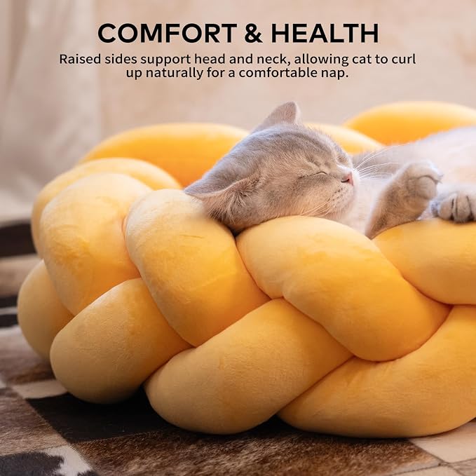 CHEERPALS Weave Cat Bed for Indoor Cats,Cute Pet Bed with Washable Cushion Fluffy Kitty Bed for Small Dog(Eggshell Yellow)