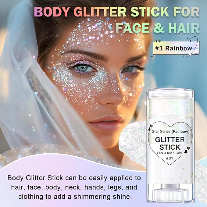Sparkling Rainbow Body Glitter Stick, Face Body Glitter Gel Holographic Hair Glitter Halloween Chunky Sequin Waterproof Face Paint Stick Glitter Makeup for Kids and Women