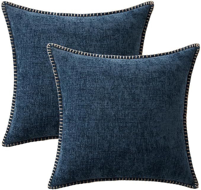 MIULEE Decorative Couch Throw Pillow Covers 20x20 Inch Dark Blue 2 Pack | Farmhouse Pillow Covers with Stitched Edge, Soft Chenille Cushion Cases, for Sofa Bed Living Room Home Decor