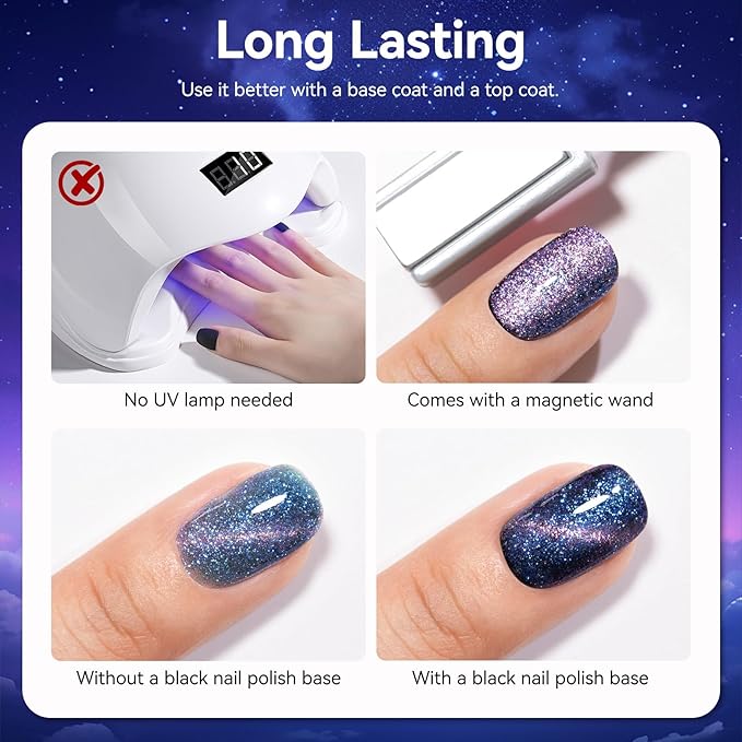 9D Cat Eye Nail Polish, Blue to Purple Double Magic Colors Galaxy Collection | Quick Air Drying | Rich in Castor Oil | Salon Home DIY Nail Art Travel Manicure Gift for Women Girls