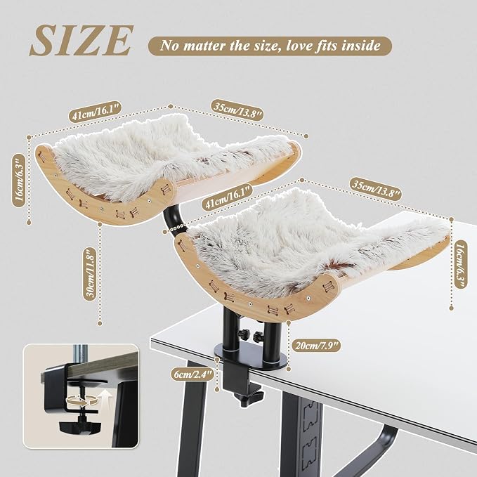 PEQULTI Desk Cat Bed for 2 Cats, 2-Tier 360° Rotating Cat Hammock, Beige | Clamp-on desk-edge perch holds 50 lbs wobble-free; removable washable cushion; bunk bed for 2 cats; no-drill, furniture-safe