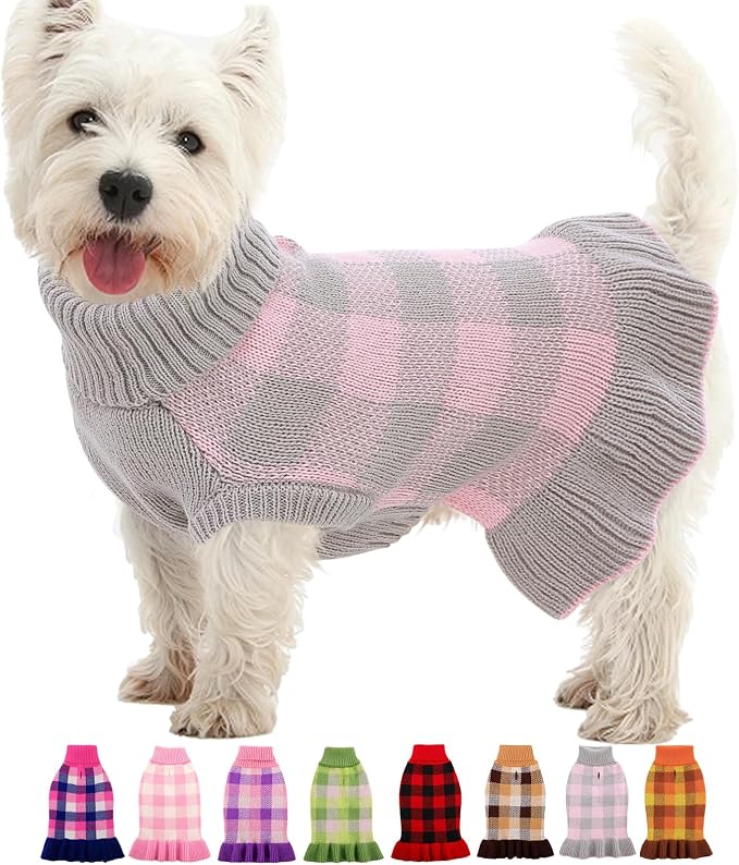 Dog Sweater Dress Plaid Knitwear for Small Medium Dogs Warm Puppy Pet Turtleneck Stretch Pullover Cute Fall Winter Vest Clothes with Leash Hole for Christmas (Grey, S)
