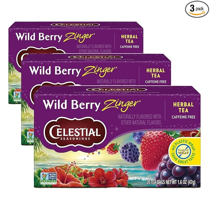 Celestial Seasonings Wild Berry Zinger Herbal Tea, Caffeine Free, 20 Tea Bags Box (Pack of 3)