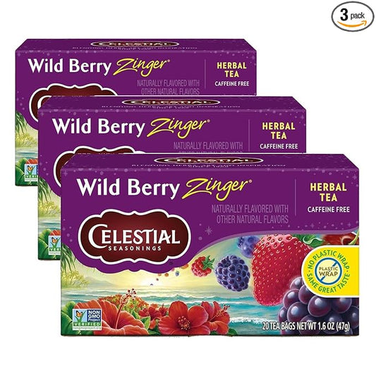 Celestial Seasonings Wild Berry Zinger Herbal Tea, Caffeine Free, 20 Tea Bags Box (Pack of 3)