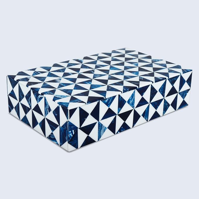 Handicrafts Home Blue and White Decorative Storage Box with Lid– Coffee Table Storage Box, Handmade Resin Inlay Wooden Box, Remote Control Holder, Decorative Organizer, Keepsake & Jewelry Box - 8x5x2