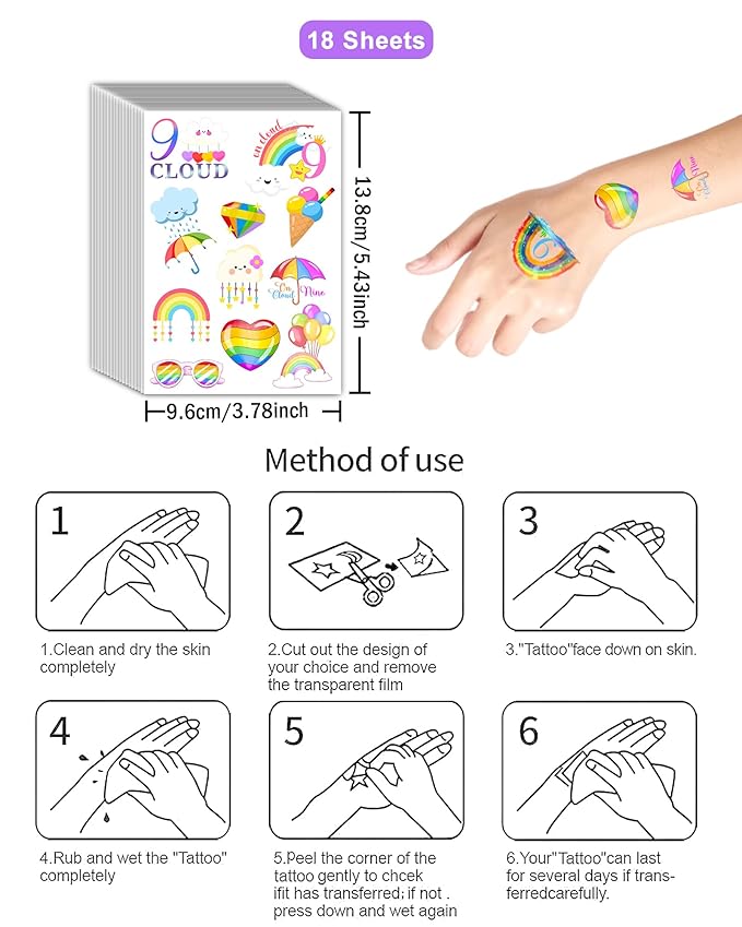 189Pcs On Cloud 9 Birthday Decorations for Girls Temporary Tattoos - Pastel Cloud 9 Party Favors Tattoo Temporary Stickers for 9 Year Old Girl Birthday Decorations, Cloud 9 Vibe
