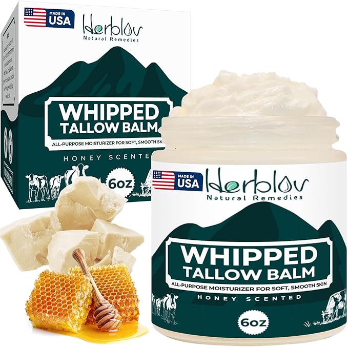 Beef Tallow Balm – Natural Grass Fed Whipped Tallow and Honey All Purpose Balm – Moisturizing Face and Body Lotion for Eczema, Cracked, Dry, Itchy, Irritated Skin – Skin Repair Skincare Made in USA