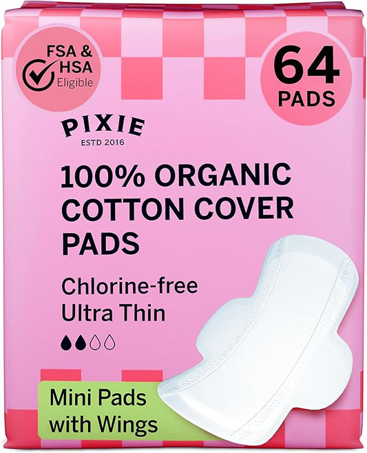 Pixie Organic Cotton Ultra Thin Mini Pads for Teens - Liners with Wings - Light Absorbency Menstrual Pads - Hypoallergenic, Unscented & Biodegradable for Feminine Care - FSA Eligible - 64 Count