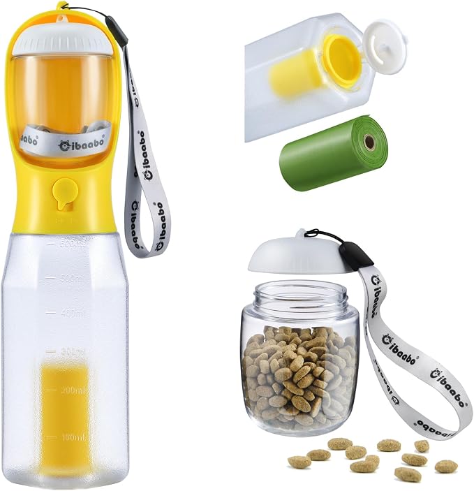 Cibaabo Dog Water Bottle with Food Container & Poop Bag Holder & Filter | Feeding & Hydration & Waste All in One | Travel Puppy Water Bowl | Portable Pet Dispenser | Dog Gifts | for Walking Beach