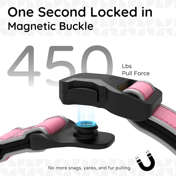 Leather AirTag Dog Collar, Magnetic Buckle, Reflective, Pink M