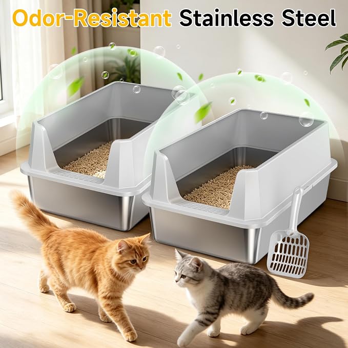 2 Pack XL Stainless Steel Cat Litter Box for Multi-Cat, Light Gray | High Sides, Extra Large Tall Wall Open Top Deep Metal Pan, Anti-Leak Non-Stick Odor Control, 2 Scoops Included