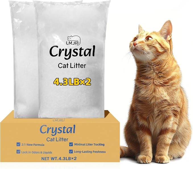 LMJP Crystal Cat Litter for Long-Lasting Odor Control, Non-Clumping, 8.6lb | 2 Months Supply, Unscented, Rapid Water Absorption, Low Tracking, Low Dust, Lightweight White Silica, 2 Pack of 4.3lb