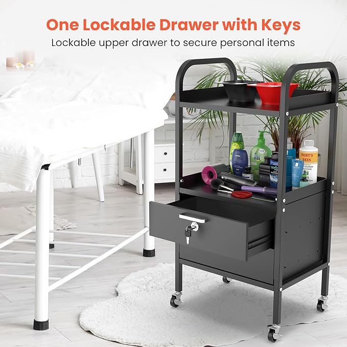 TASALON Metal Salon Trolley Cart with Wheels & Lockable Drawers – 4-Tier Hair Stylist Rolling Tray Cart, Barber & Esthetician Station Organizer, Beauty Salon Equipment & Spa Storage Cabinet