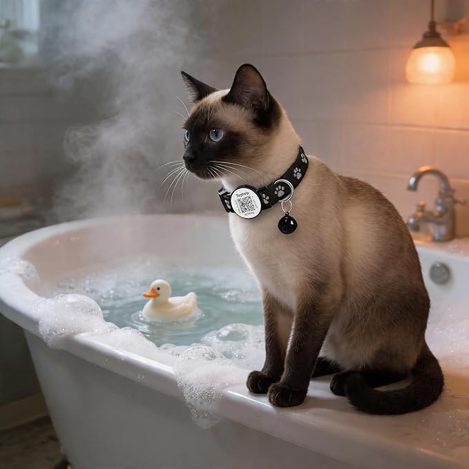 Peace of Mind Cat Collar 2-Pack: QR Code Tag with Permanent Online ID + Breakaway Reflective Collar, Scan for Immediate Contact if Lost (Pink & Black)