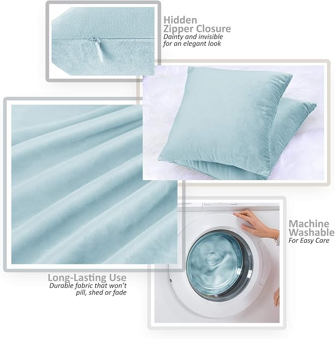 Throw Pillow Inserts Pack of 2 with Velvet Soft Solid Decorative Square Throw Pillow Covers Set for Sofa Couch Car Bedroom, 20X20 Throw Pillows Inserts with 18x18 Washable Cushion Covers, Aqua Blue