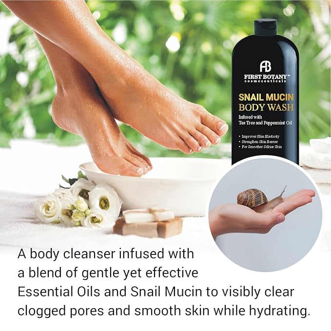 First Botany All Natural Body Wash - Fights Body Odor, Athlete’s Foot, Jock Itch, Nail Issues, Dandruff, Acne, Eczema, Shower Gel for Women & Men, Skin Cleanser -16 fl oz (Tea Tree Snail Mucin)