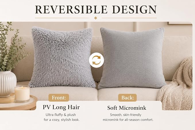REAFORT Long Hair Faux Fur Euro Sham Cover 26"x26", Hidden Zipper (Grey) | Ultra-soft plush faux fur with a hidden zipper adds luxurious comfort and is machine washable for easy care.