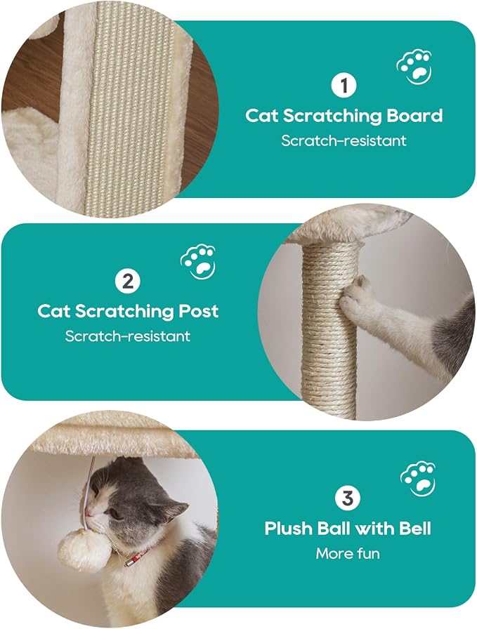 SYANDLVY Small Cat Tree for Indoor Cats, Scratching Board with Perch | Scratching Post for Small Cats, Kittens Scratcher with 2 Dangling Balls, Beige