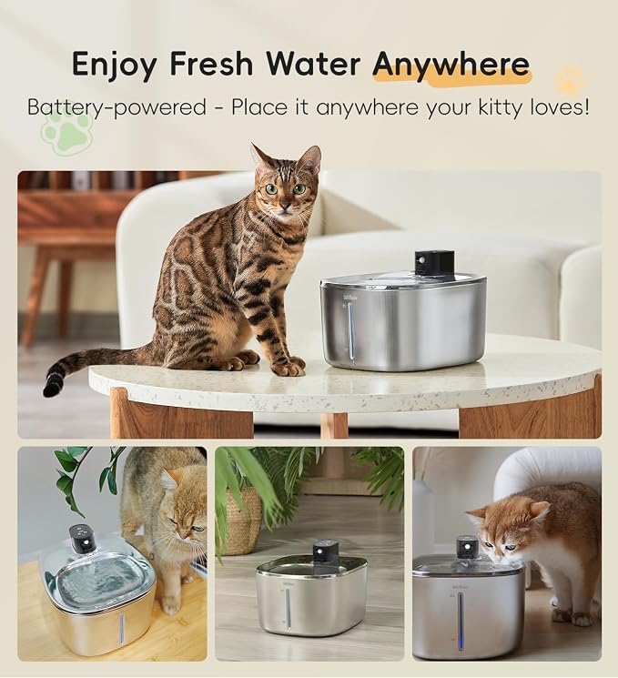 Cat Water Fountain Stainless Steel, 138fl.oz / 4.1L Cordless Cat Fountain | Wireless Pet Fountain; 4000mAh Battery; Indoor; Triple Water Modes; 25 dB Ultra-Quiet