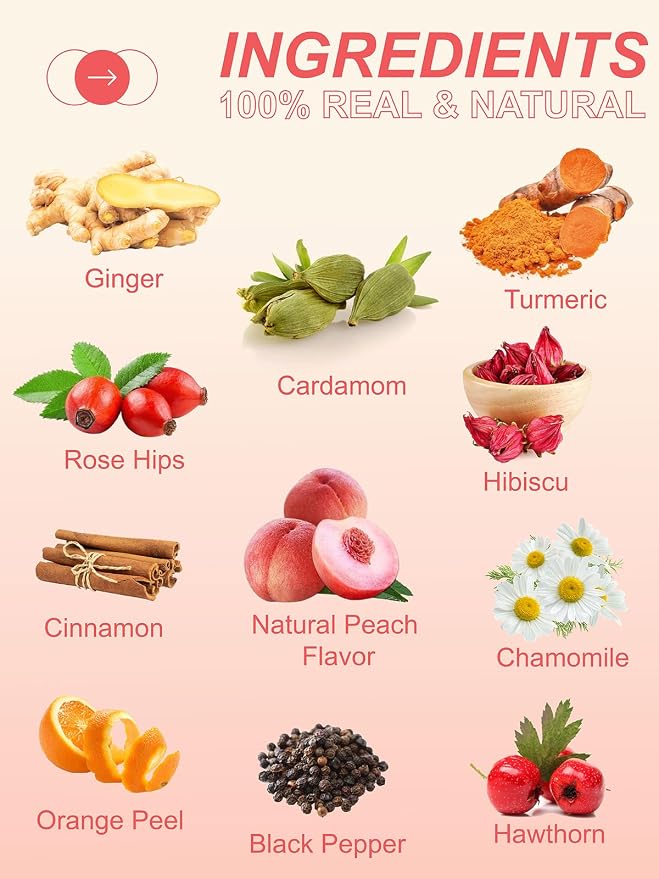 TeeLux Ginger Peach Turmeric Tea Bags, Warm Ginger with Tart Hibiscus & Soothing Chamomile, Tart & Sweet Flavor, Caffeine Free, 100 Count