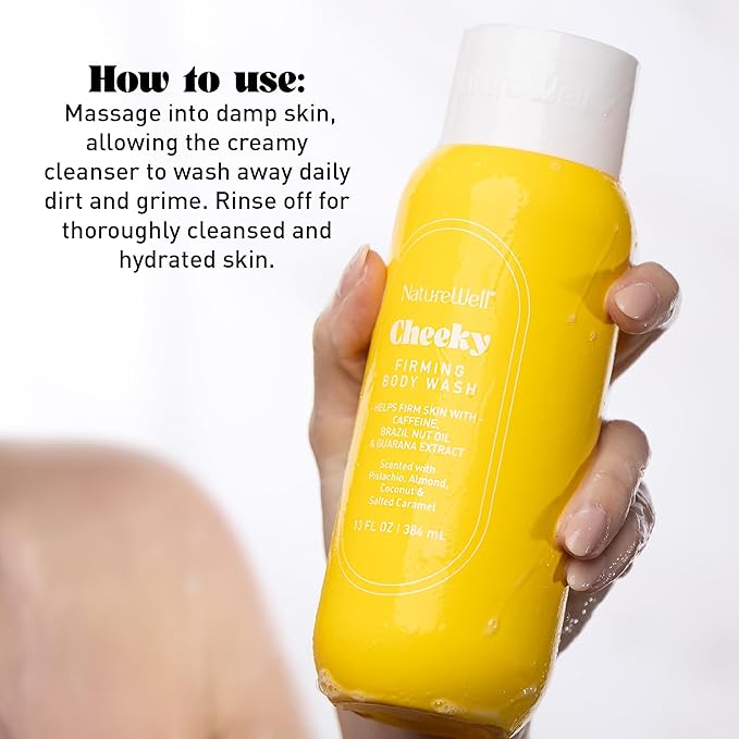NATURE WELL Cheeky Firming & Cleansing Body Wash, Infused With Caffeine, Brazil Nut Oil, & Guarana Extract, Scented With Pistachio, Almond, Coconut, & Salted Caramel, 13 Fl Oz