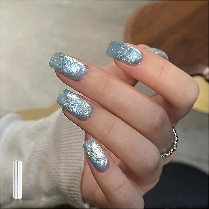 GAOY Jelly Blue Cat Eye Gel Nail Polish, 16ml Glitter Holographic Nail Polish with Magnet, Reflective Translucent UV Gel, 3045 Blue Ice