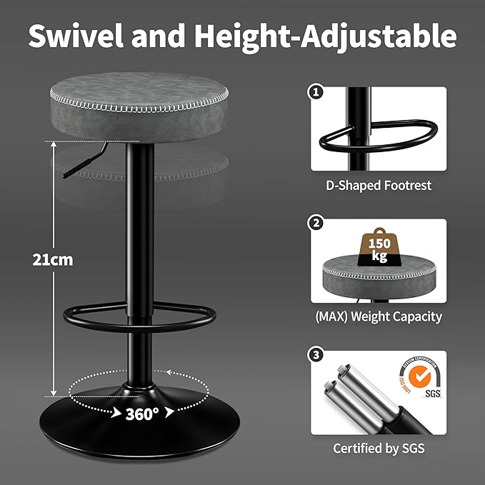 Adjustable Bar Stools Set of 2 Backless Kitchen Barstools with Round Seat 360° Swivel Counter Height Bar Stools Modern Microfiber Leather Bar Chairs for Dining Room Grey (24-33 Inch,330lbs)