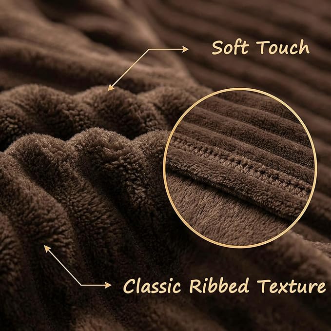 Vessia Flannel Fleece Throw Blanket, 300GSM Cozy Brown Striped Throw for Couch, Sofa and Bed, Warm and Soft Chocolate Microfiber Ribbed Blanket for All Season(50x40inch)