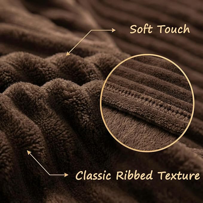 Vessia Flannel Fleece Twin Size Blanket, 300GSM Cozy Brown Stripe Bed Blanket for Couch, Sofa and Bed, Warm and Soft Chocolate Microfiber Ribbed Home Decor for All Season