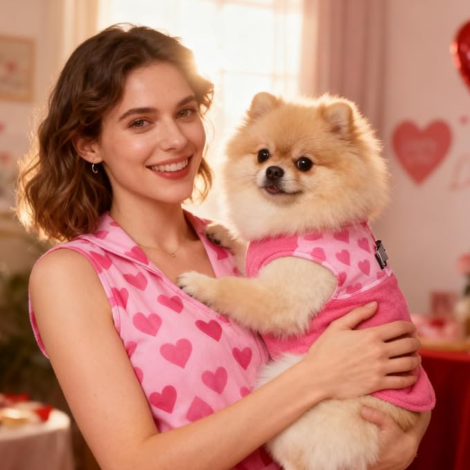 Fleece Dog Sweater - Valentine's Day Romantic Heart Dog Jacket, Winter Coat Vest with 2 D-Rings for Leash, Warm Pet Cold Weather Clothes Sweatshirt Outfits for Puppy Boys or Girls Pink L