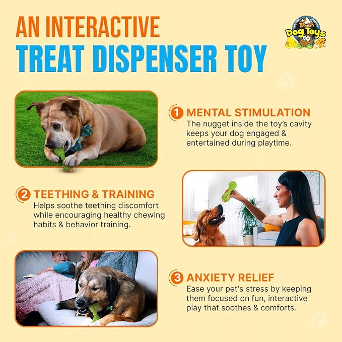 Tibetan Dog Chew Yak Cheese Puff & Chew - Fun Interactive Treat Dispenser Toy for Dogs - Training, Teething, Calming, Mental Stimulation - Bone Dumbbell - Fluorescent Green (1 Toy, 5 Nuggets)