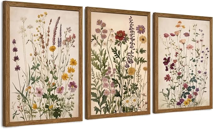 WRFON Botanical and Flower Canvas Wall Art, Framed Wildflower Wall Art Set of 3, Vintage Meadow Flower Canvas Prints, Cottagecore Floral Decor for Living Room Bedroom Bathroom Farmhouse Home, 20x30