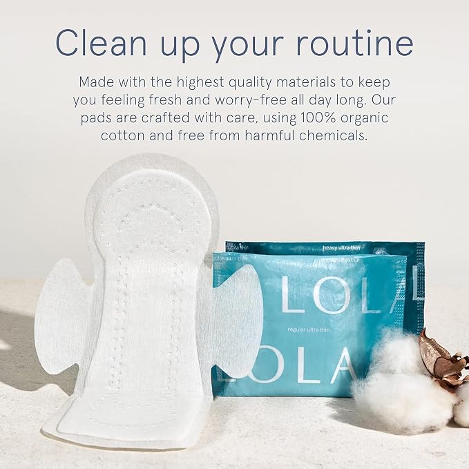 LOLA Cotton Pads - Ultra Thin Pads with Wings - Organic Cotton Hypoallergenic Material - Organic Panty Liners - 36 Count, Regular