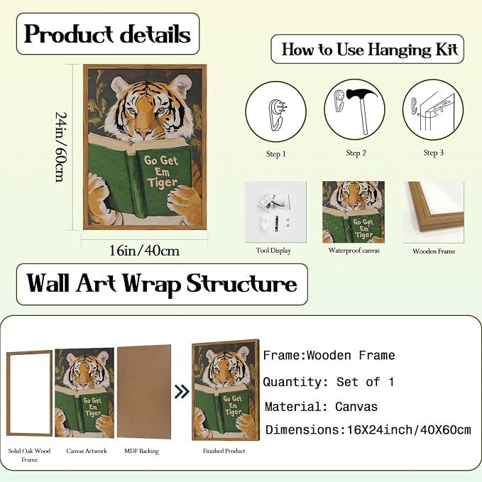 Framed Funny Tiger Wall Art, Motivational Animal Reading Wall Decor Paintings, Eclectic Go Get Em Tiger Canvas Prints Pictures Home Decor for Living Room Bedroom Dorm Office 16x24 inch