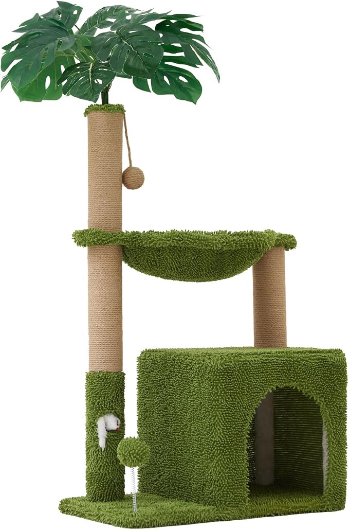 37" Small Cat Tree with Scratching Posts，Green Cat Scratcher Tower | Sisal Cat Scratcher,Cozy Hammock,Cat Condo,Interactive Cat Toys for Kittens