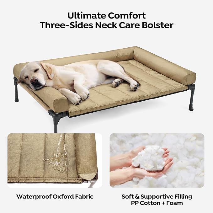 Veehoo Outdoor Elevated Dog Bed with Waterproof Bolster Cushion, Cooling | Raised Dog Bed with Removable & Washable Mat Topper, Breathable Mesh, Dog Couch Cot for Indoor Outdoor, 42", Large, Beige