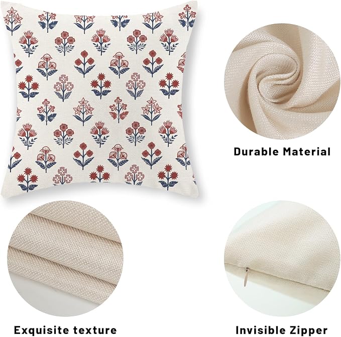 Red Blue Pillow Covers 16x16 Inch Set of 2 Patriotic 4th of July Throw Pillows Vintage Flower Boho Block Print Floral Decorative Pillow Cases Outdoor Linen Cushion Cover for Couch Sofa Decor