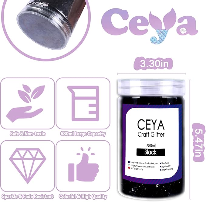 Ceya Chunky Glitter, 1 LB/ 16OZ Black Bulk Craft Glitter Mixed Chunky Fine Glitter Powder Bottled Halloween Glitter Sequins for Black Halloween Bats, Epoxy Resin, Tumbler, Slime, Party, Festival Decor
