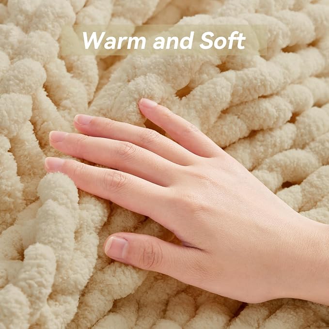 Negwoo Chunky Knit Throw Blanket, Knitted Throw Chenille Yarn, 30"*40" | Soft Thick Cable Knitted Blankets, Handmade Big Thick Blanket, Machine Washable Cute Comfy Blanket for Home Decor, Oatmeal
