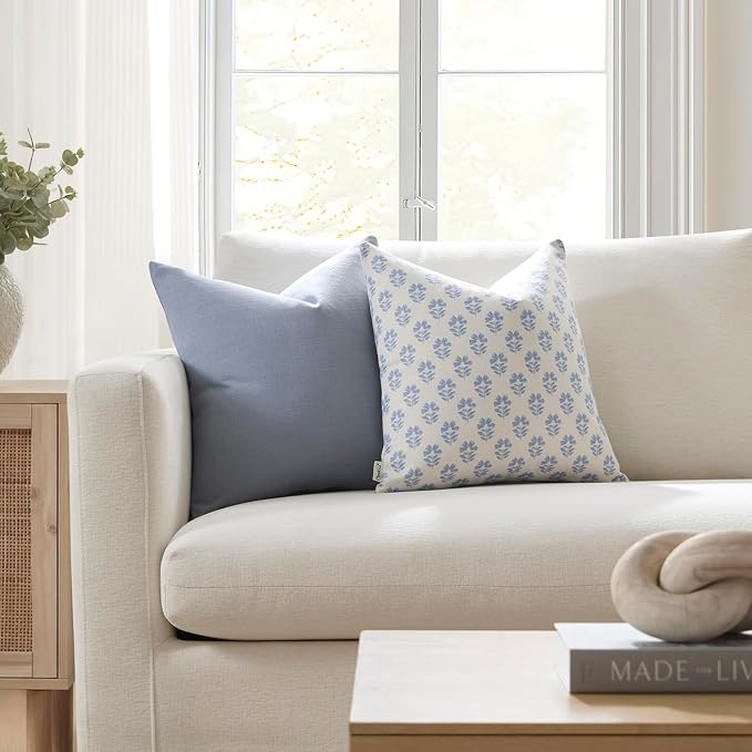 Meekio Set of 2 Dusty Blue Throw Pillow Covers 18x18, Modern Farmhouse Linen Blend Decorative Pillow Covers for Couch Sofa Bed, Neutral Home Decor