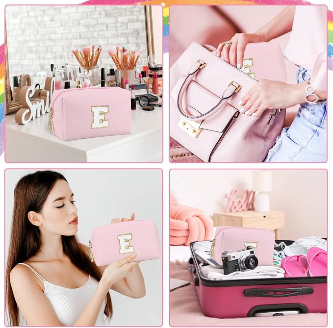 Initial Makeup Bag, Personalized Preppy Letter Monogram Cosmetic Bag | Waterproof PU Material, Compact Size, Large Capacity 7.09 x 2.95 x 3.94 in, Surprise Gift for Daughters and Teens