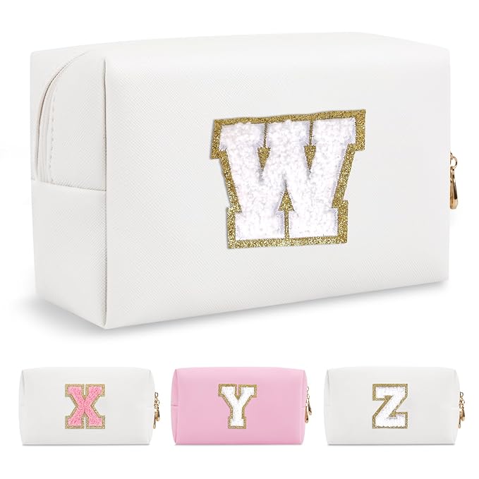 Small Personalized Initial A-Z Preppy Patch Makeup Bag,White PU Chenille Letter Travel Cosmetic Pouch with Zipper,Cute Toiletry Bag,Gift Ideal for Teen Girls Women Teacher Bridesmaid,Letter W