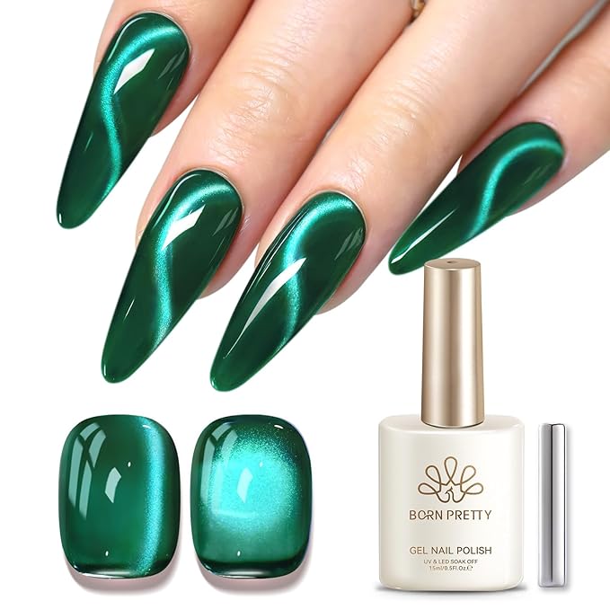 Born Pretty Dark Green Cat Magnetic Eye Gel Polish,2026 Spring Summer Fruit Dark Green Holographic Glitter Shimmer Translucent Sheer Magnetic Gel Polish Salon DIY at Home