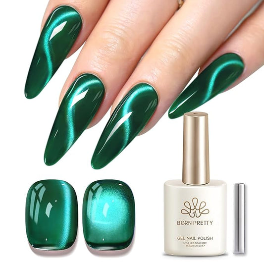 Born Pretty Dark Green Cat Magnetic Eye Gel Polish,2026 Spring Summer Fruit Dark Green Holographic Glitter Shimmer Translucent Sheer Magnetic Gel Polish Salon DIY at Home