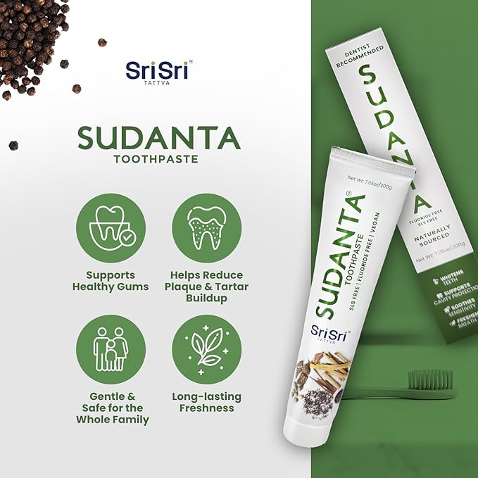 Sri Sri Tattva Sudanta Herbal Toothpaste – SLS Free & Fluoride Free Natural Ayurvedic Toothpaste for Strong Teeth, Healthy Gums & Oral Care – 200 g Pack of 4