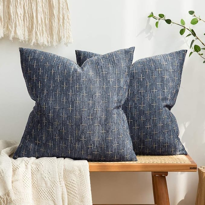MIULEE Pack of 2 Decorative Burlap Linen Euro Sham Throw Pillow Covers Modern Farmhouse Vintage Pillowcase Rustic Woven Textured Cushion Cover for Sofa Couch Bed 26x26 Inch Blue