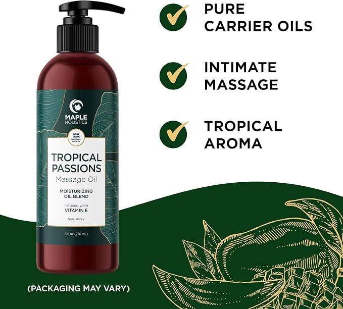 Sensual Couples Massage Oil - Tropical Full Body Oil with Jojoba, Coconut & Sweet Almond Plus Sore Muscle Relief with Rosemary - Non GMO, Gluten Free & Vegan