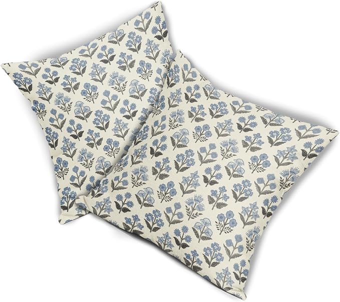 Black Blue Floral Block Print Pillow Covers 18x18 Inch Set of 2, Vintage Flower Pattern Spring Summer Decorative Throw Pillowcases Outdoor Rustic Farmhouse Cushion Covers Seasonal Sofa Couch Bed Decor