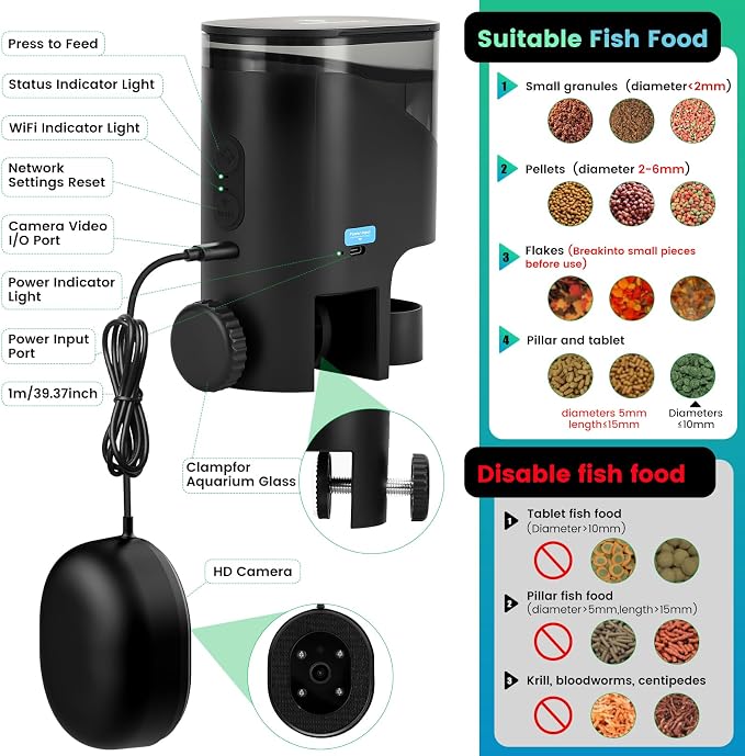 fishkeeper Automatic Fish Feeder for Aquarium Flakes, WiFi (2.4G/5.0G) | APP Control - Auto Fish Food Dispenser/Betta Fish Feeder with HD 2.5K Camera and Timer, Aquarium Feeder for Turtle Koi Tanks